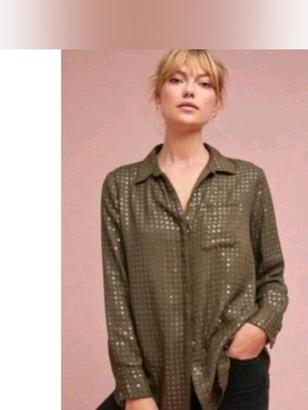Maeve Olive Sequin Button-Down Tunic Shirt Sz Medium
